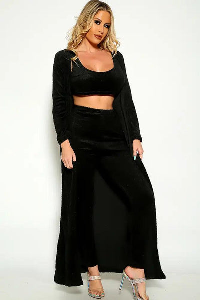 Black Long Sleeve Cardigan Cropped Three Piece outfit - AMIClubwear