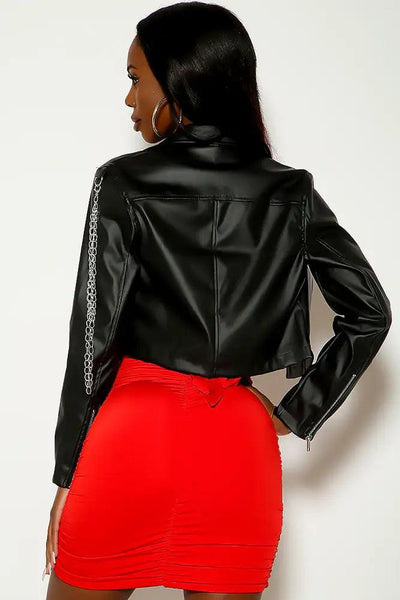 Black Long Sleeve Chain Detail Faux Leather Jacket - AMIClubwear