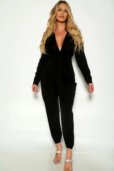 Black Long Sleeve Collared Front Bow Tie Closure Jumpsuit - AMIClubwear