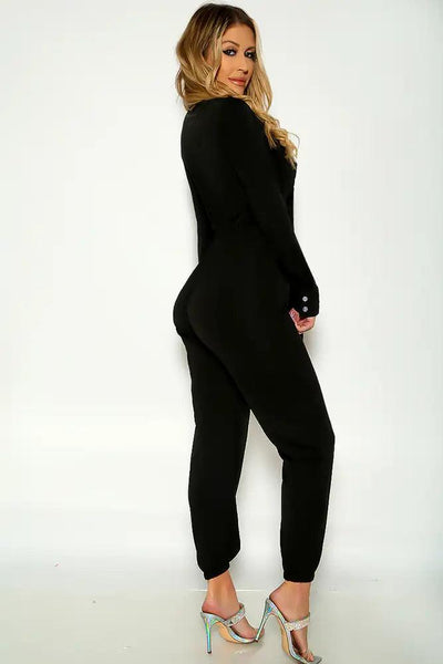 Black Long Sleeve Collared Front Bow Tie Closure Jumpsuit - AMIClubwear