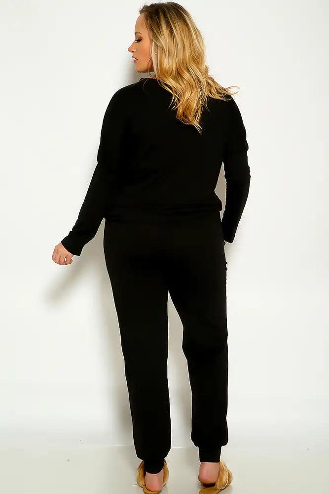 Black Long Sleeve Comfortable Two Piece Plus Size Lounge Wear Outfit - AMIClubwear