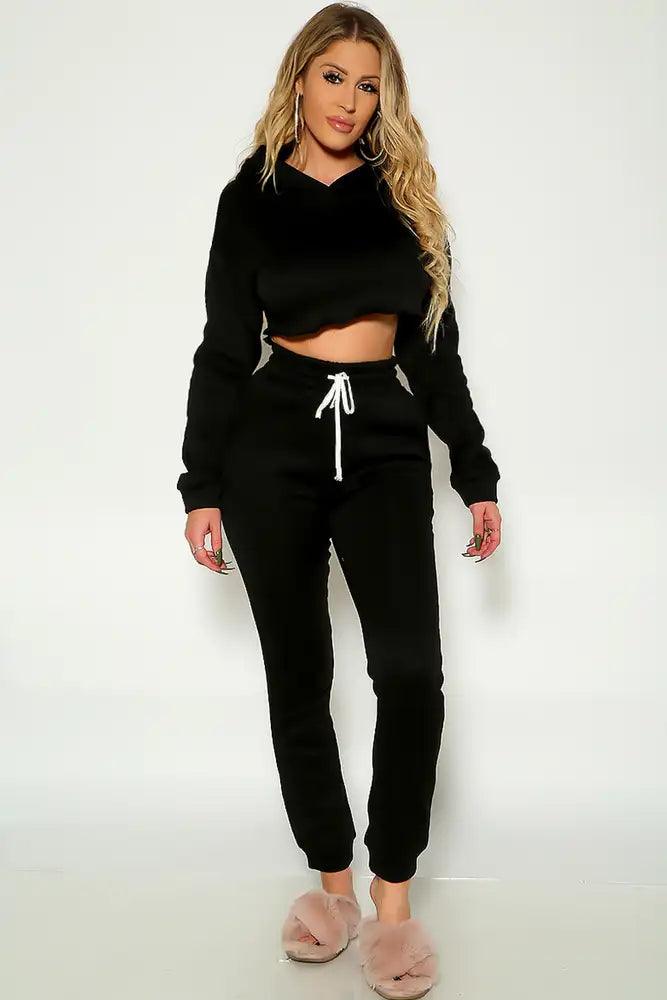 Black Long Sleeve Cozy Cropped Lounge Wear Two Piece Outfit - AMIClubwear