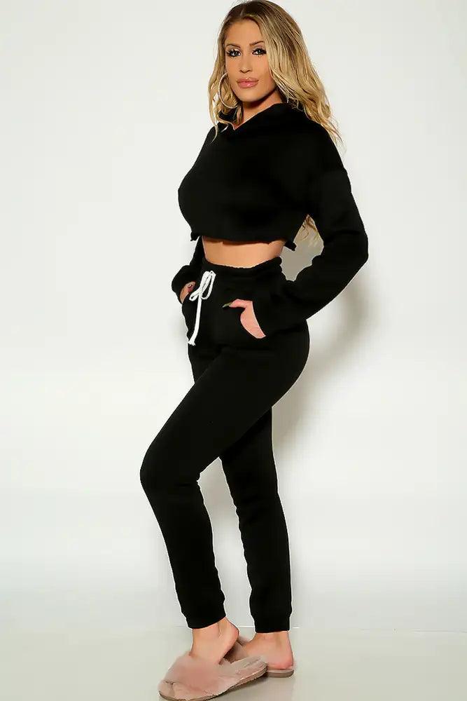 Black Long Sleeve Cozy Cropped Lounge Wear Two Piece Outfit - AMIClubwear