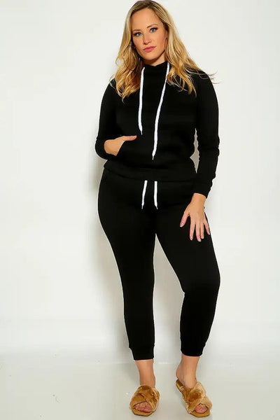 Black Long Sleeve Cozy Hooded Plus Size Two Piece Lounge Wear Outfit - AMIClubwear