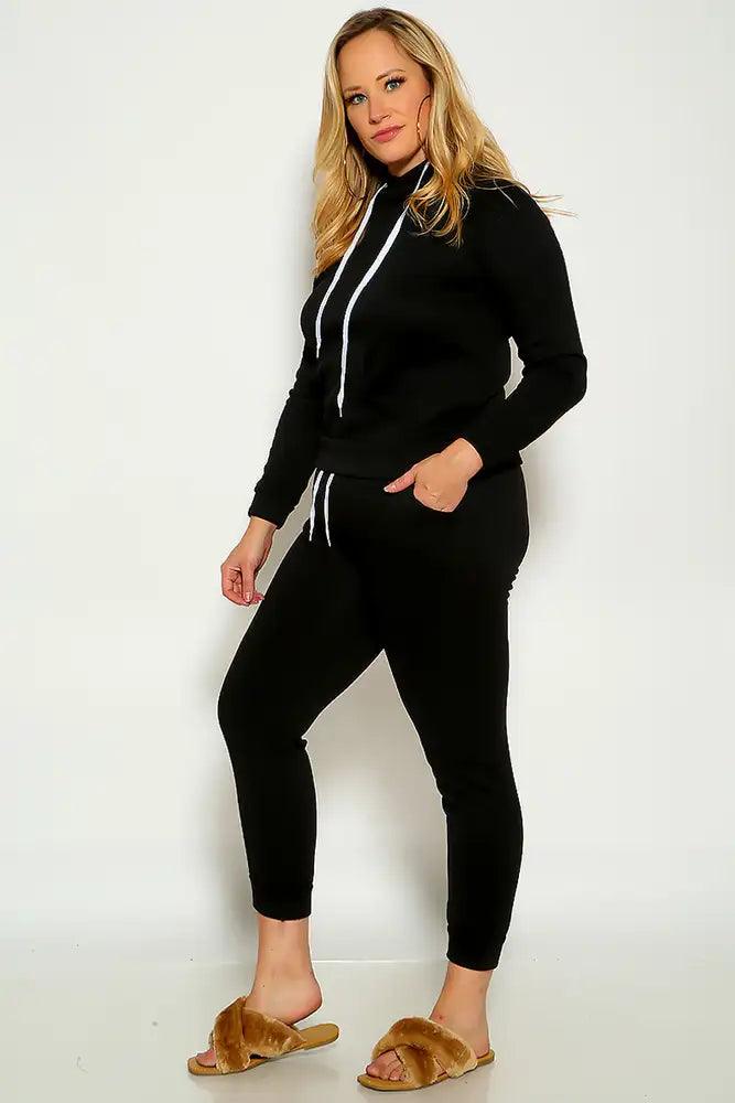 Black Long Sleeve Cozy Hooded Plus Size Two Piece Lounge Wear Outfit - AMIClubwear