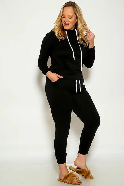 Black Long Sleeve Cozy Hooded Plus Size Two Piece Lounge Wear Outfit - AMIClubwear