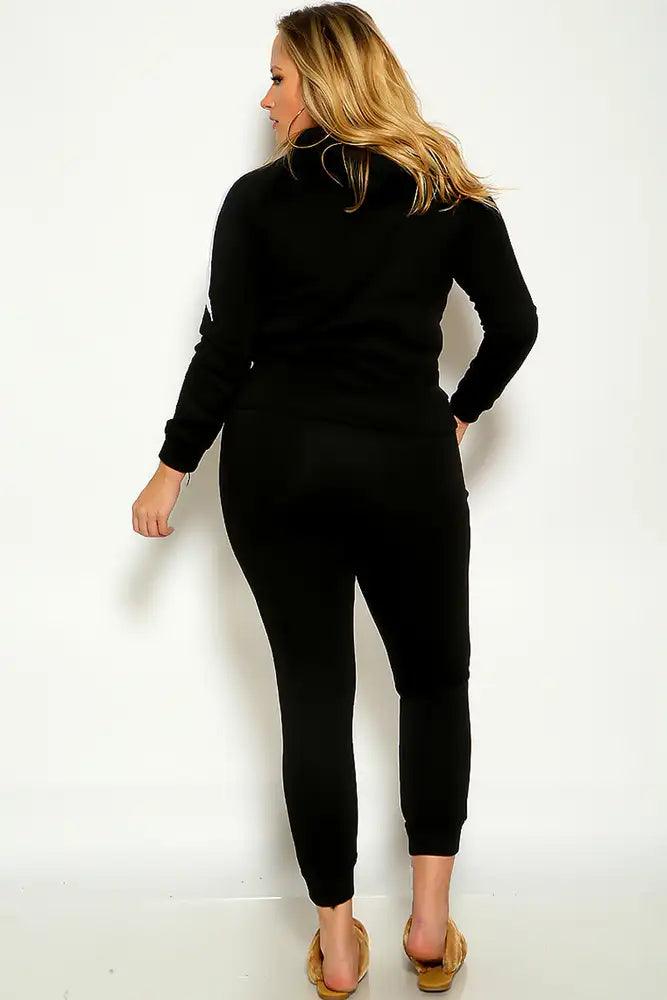 Black Long Sleeve Cozy Hooded Plus Size Two Piece Lounge Wear Outfit - AMIClubwear