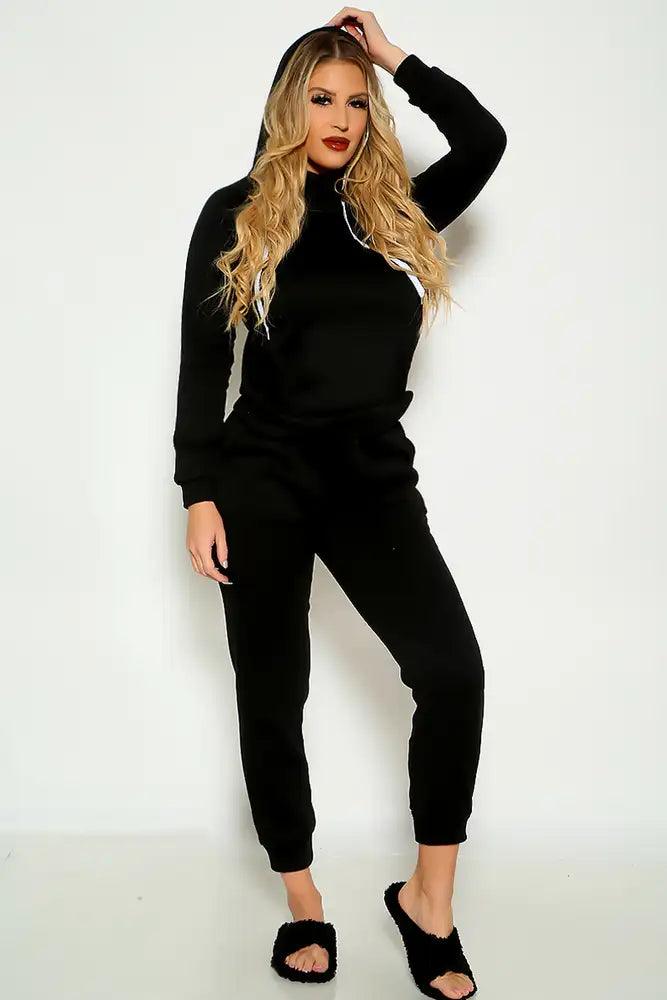 Black Long Sleeve Cozy Hooded Two Piece Lounge Wear Outfit - AMIClubwear