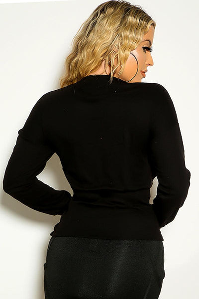 Black Long Sleeve Criss-Cross Drawstring Ribbed Sweater - AMIClubwear