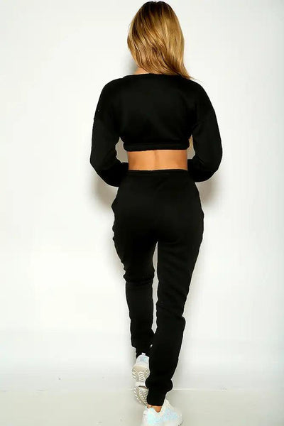 Black Long Sleeve Cropped Lounge Wear Outfit - AMIClubwear