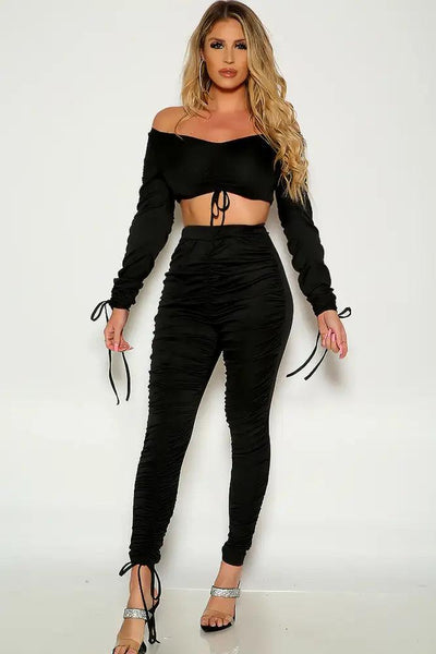 Black Long Sleeve Cropped Ruched Two Piece Outfit - AMIClubwear