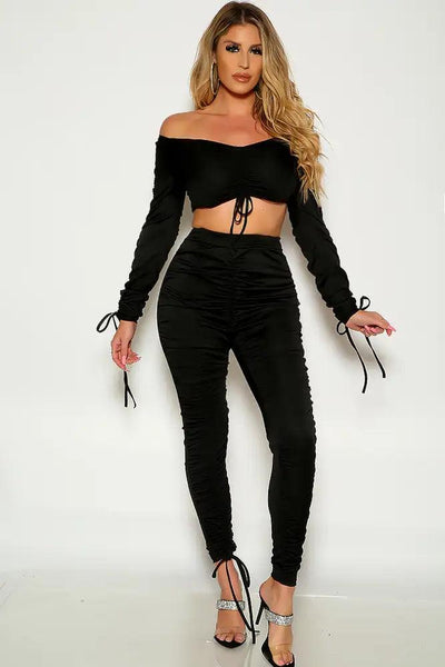 Black Long Sleeve Cropped Ruched Two Piece Outfit - AMIClubwear