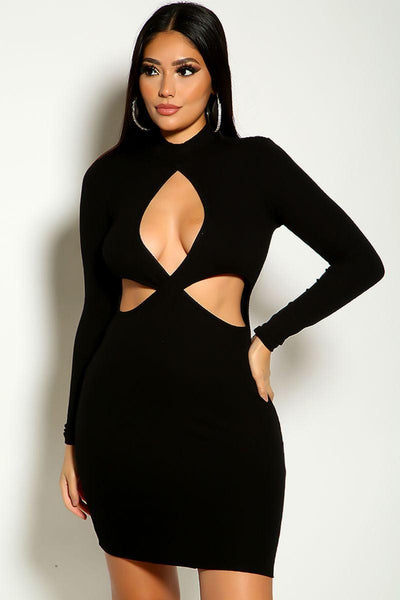 Black Long Sleeve Cross Detail Ribbed Party Dress - AMIClubwear