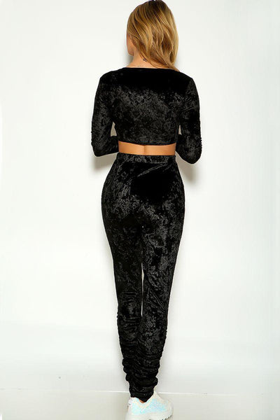 Black Long Sleeve Crushed Velvet Cropped Two Piece Outfit - AMIClubwear