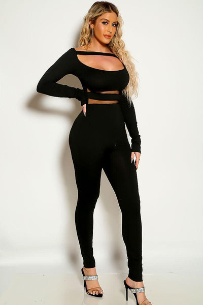 Black Long Sleeve Cut Out Mesh Detail Fitted Jumpsuit - AMIClubwear