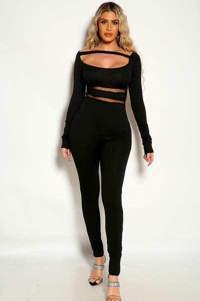 Black Long Sleeve Cut Out Mesh Detail Fitted Jumpsuit - AMIClubwear