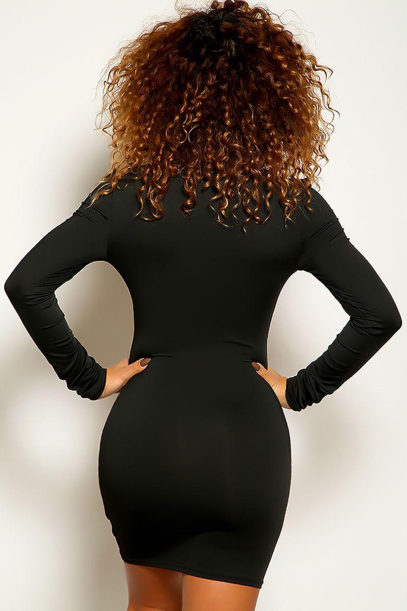 Black Long Sleeve Cut Out O-Ring Detail Fitted Party Dress - AMIClubwear