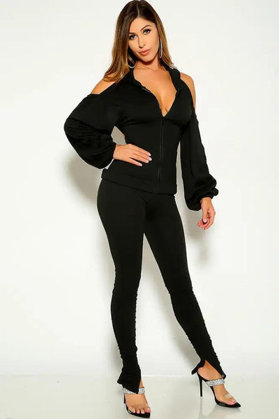 Black Long Sleeve Cut Out Open Back Two Piece Outfit - AMIClubwear