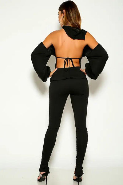 Black Long Sleeve Cut Out Open Back Two Piece Outfit - AMIClubwear