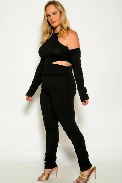 Black Long Sleeve Cut-Out Reversable Zipper Jumpsuit Outfit - AMIClubwear