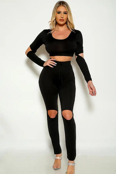 Black Long Sleeve Cut Out Sexy Two Piece Outfit - AMIClubwear