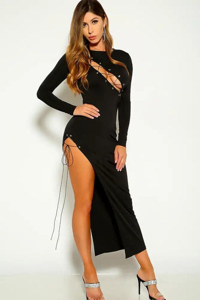 Black Long Sleeve Cut Out Side Slit Maxi Dress - AMIClubwear
