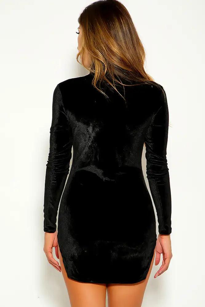 Black Long Sleeve Cut Out Velvet Party Dress - AMIClubwear