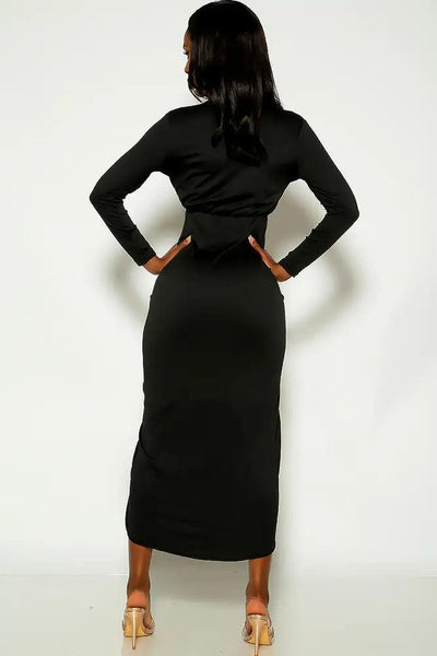 Black Long Sleeve Draped V-cut Party Dress - AMIClubwear