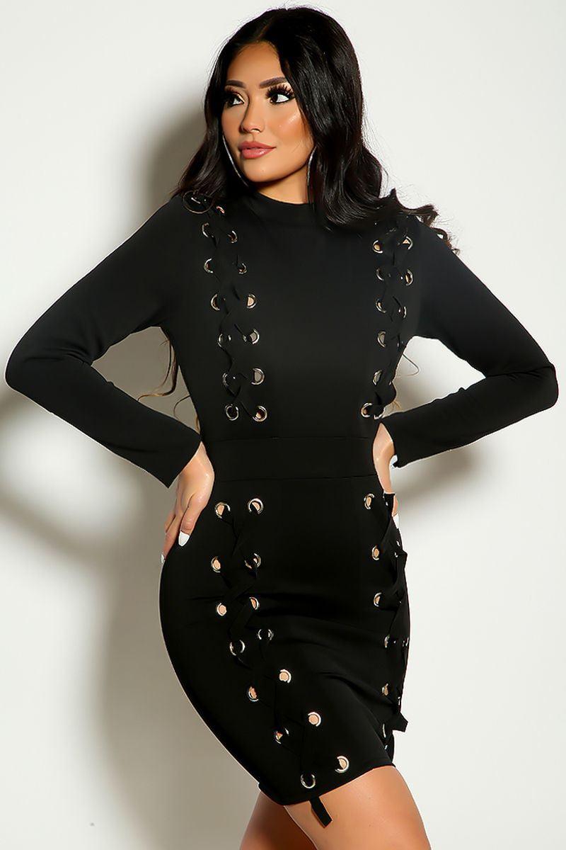 Black Long Sleeve Eyelet Lace Up Detail Party Dress - AMIClubwear