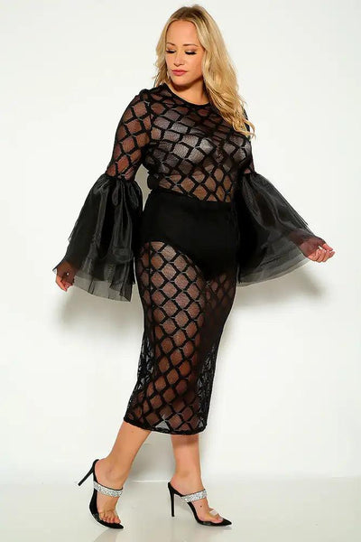 Black Long Sleeve Fared Sleeve Plus Size Two Piece Dress - AMIClubwear