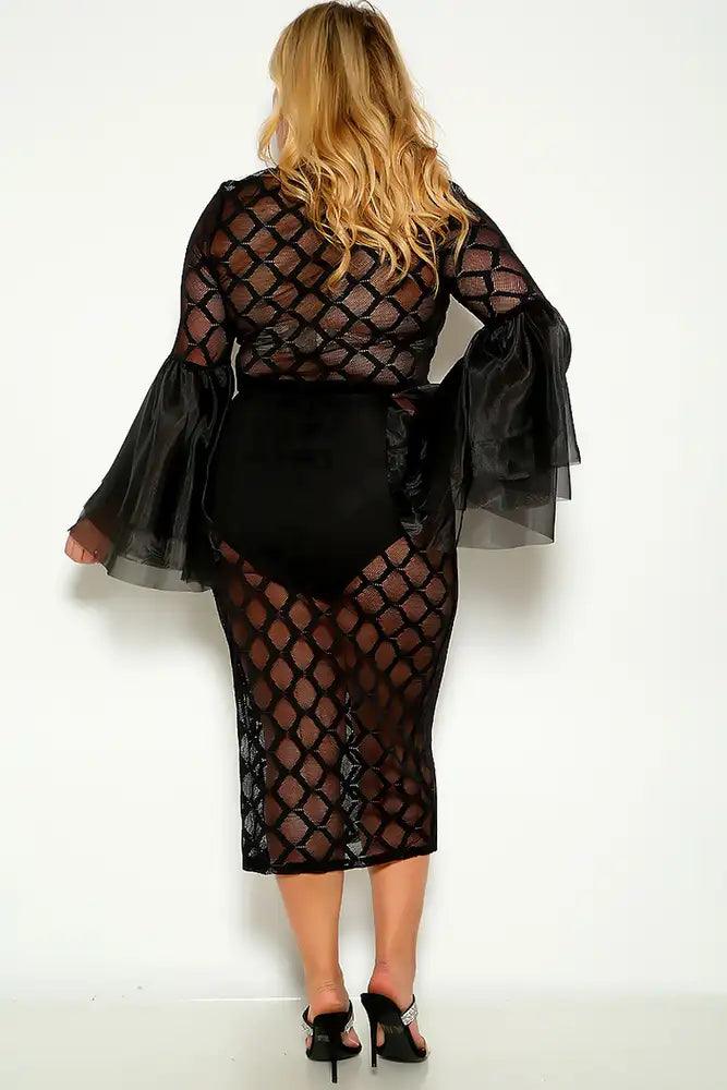 Black Long Sleeve Fared Sleeve Plus Size Two Piece Dress - AMIClubwear