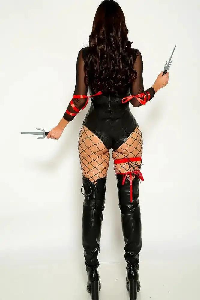 Black Long Sleeve Faux Leather Mesh Ninja 3 Piece Costume