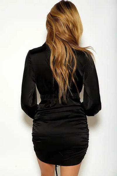 Black Long Sleeve Faux Satin Ruched Party Dress - AMIClubwear