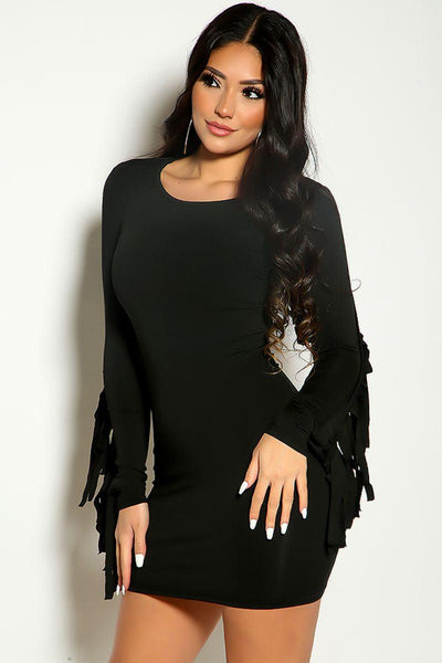 Black Long sleeve Fringer Fitted Party Dress - AMIClubwear