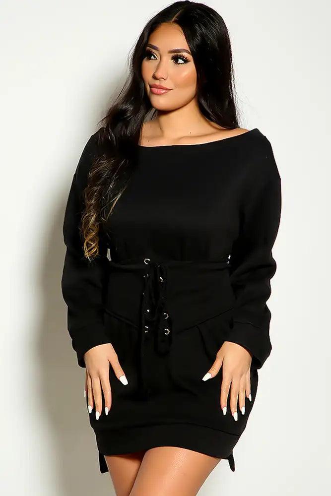 Black Long Sleeve Front Lace Up Sweater Dress - AMIClubwear
