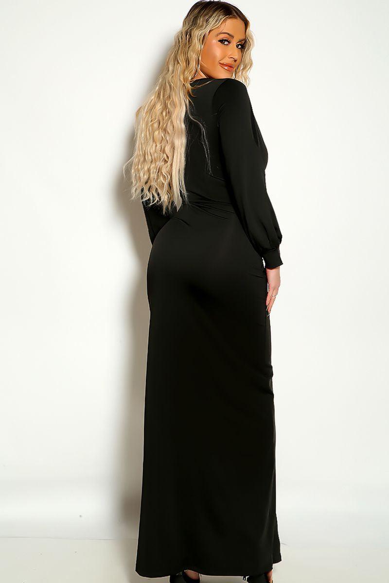 Black Long Sleeve Front Slit Ruched Detail Maxi Party Dress - AMIClubwear