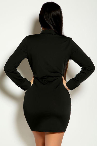 Black Long Sleeve Front Tie Bow Detail Party Dress - AMIClubwear