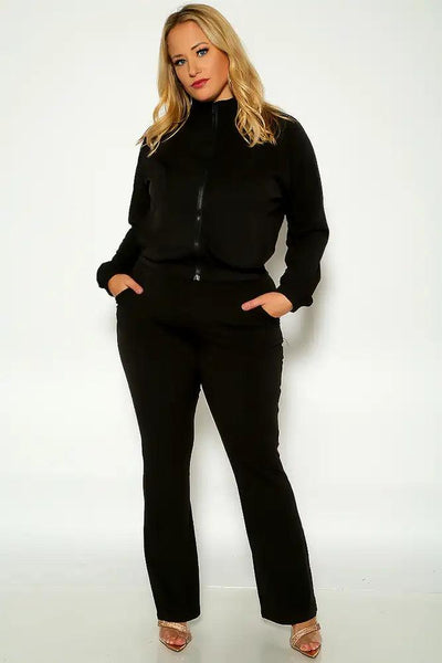 Black Long Sleeve Front Zipper Closure Plus Size Two Piece Lounge Outfit - AMIClubwear