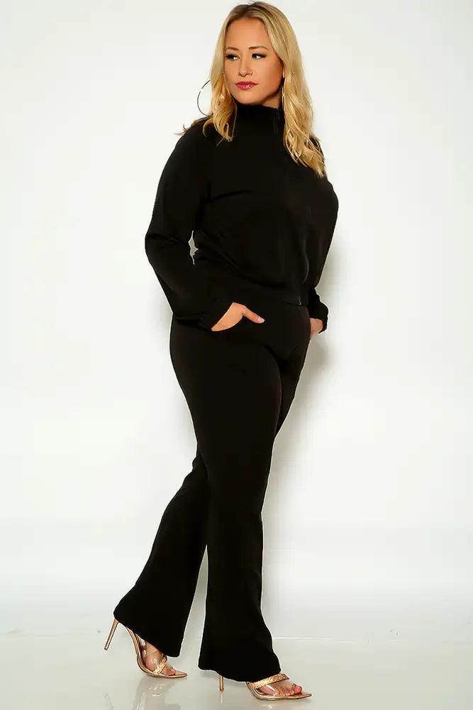 Black Long Sleeve Front Zipper Closure Plus Size Two Piece Lounge Outfit - AMIClubwear