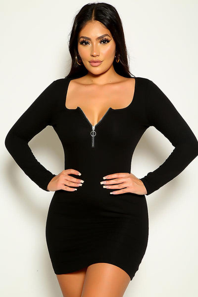 Black Long Sleeve Front Zipper Sexy Dress - AMIClubwear