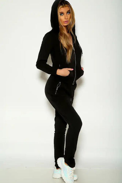 Black Long Sleeve Front Zipper Two Piece Lounge Wear Outfit - AMIClubwear