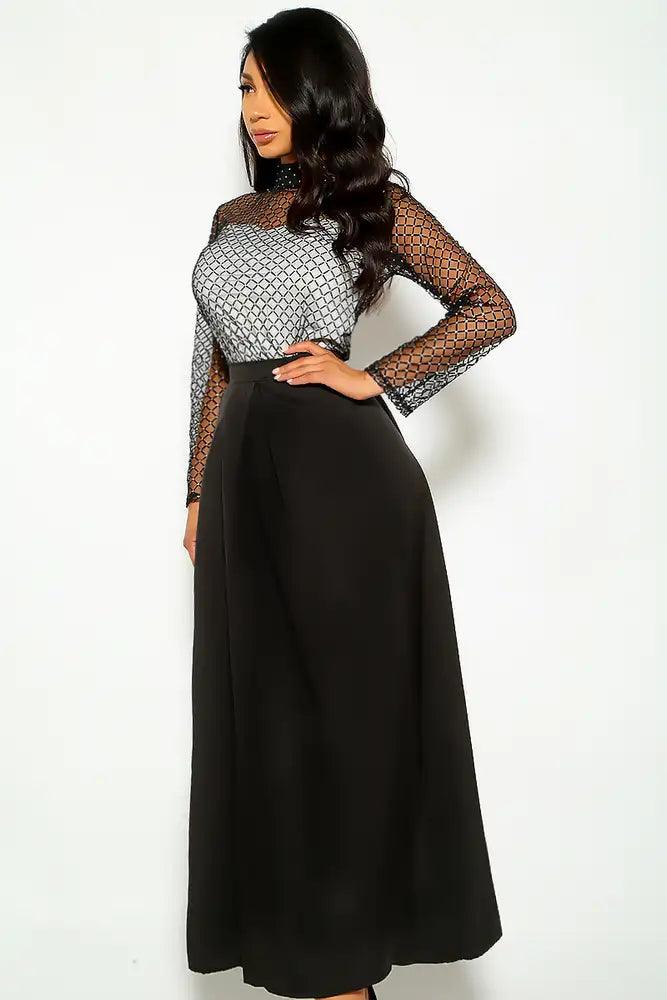 Black Long Sleeve Glitter Accent Two Piece Dress - AMIClubwear