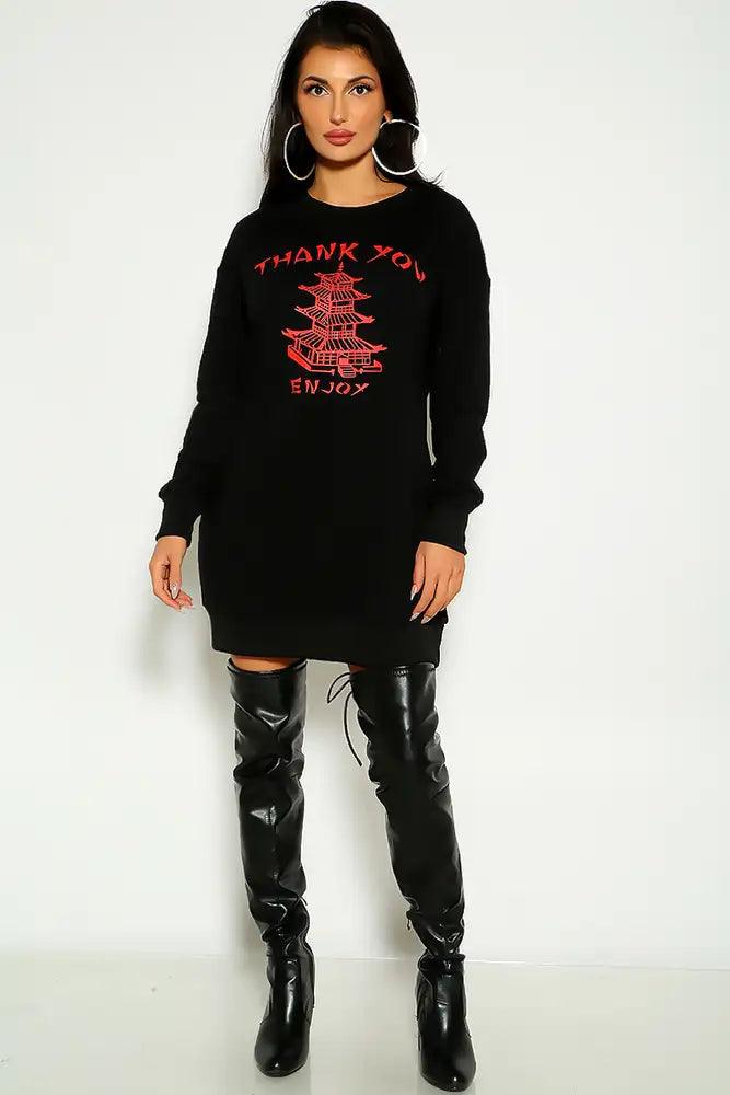 Black Long Sleeve Graphic Print Casual Dress - AMIClubwear