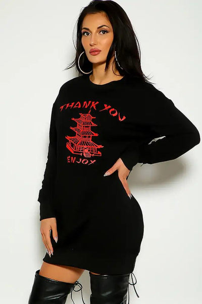 Black Long Sleeve Graphic Print Casual Dress - AMIClubwear