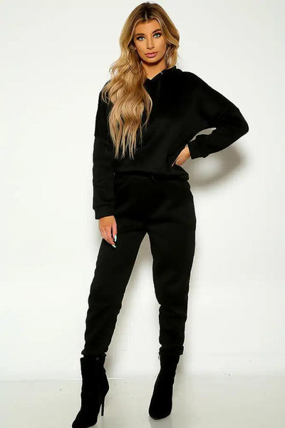 Black Long Sleeve Hooded Cropped Loungewear Two Piece Outfit - AMIClubwear