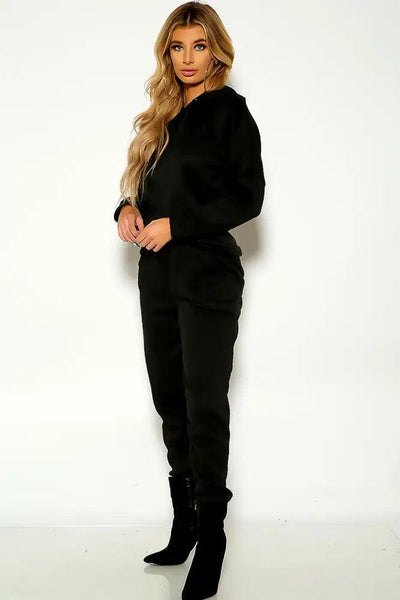 Black Long Sleeve Hooded Cropped Loungewear Two Piece Outfit - AMIClubwear