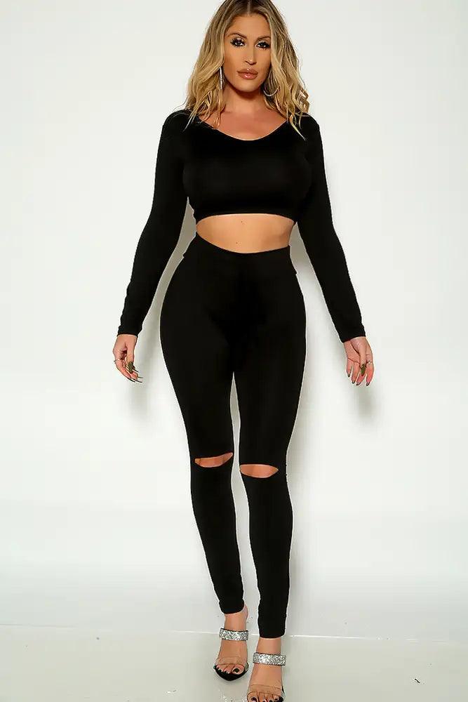 Black Long Sleeve Hooded Cropped Two Piece Lounge Wear Outfit - AMIClubwear