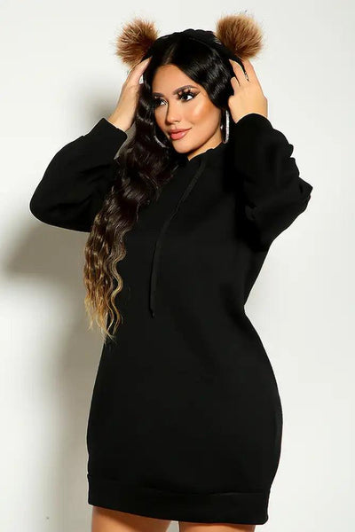 Black Long Sleeve Hooded Faux Fur Detail Sweater Dress - AMIClubwear