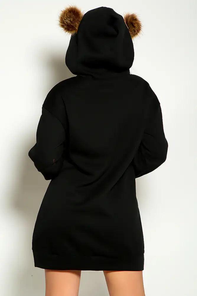 Black Long Sleeve Hooded Faux Fur Detail Sweater Dress - AMIClubwear