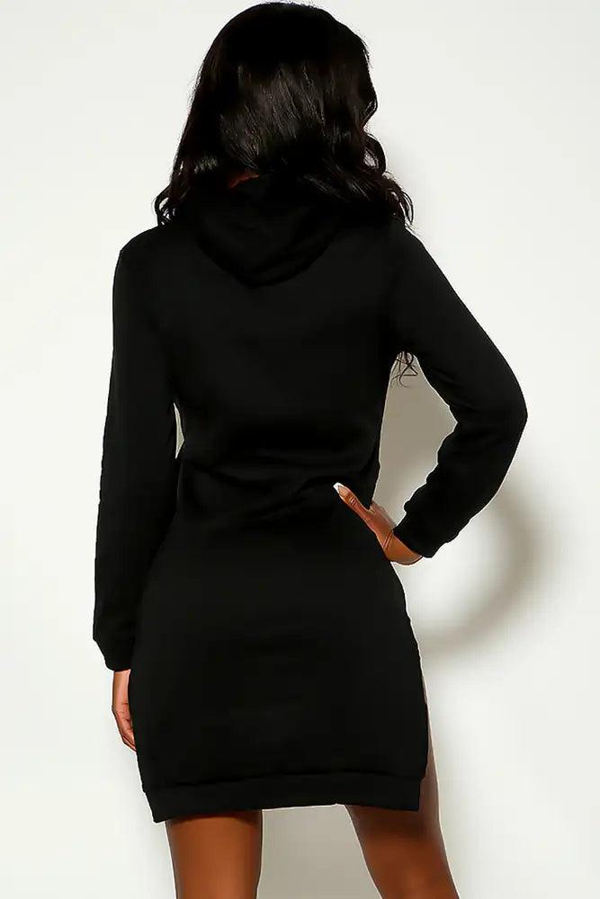 Black Long Sleeve Hooded High Low Sweater Dress - AMIClubwear